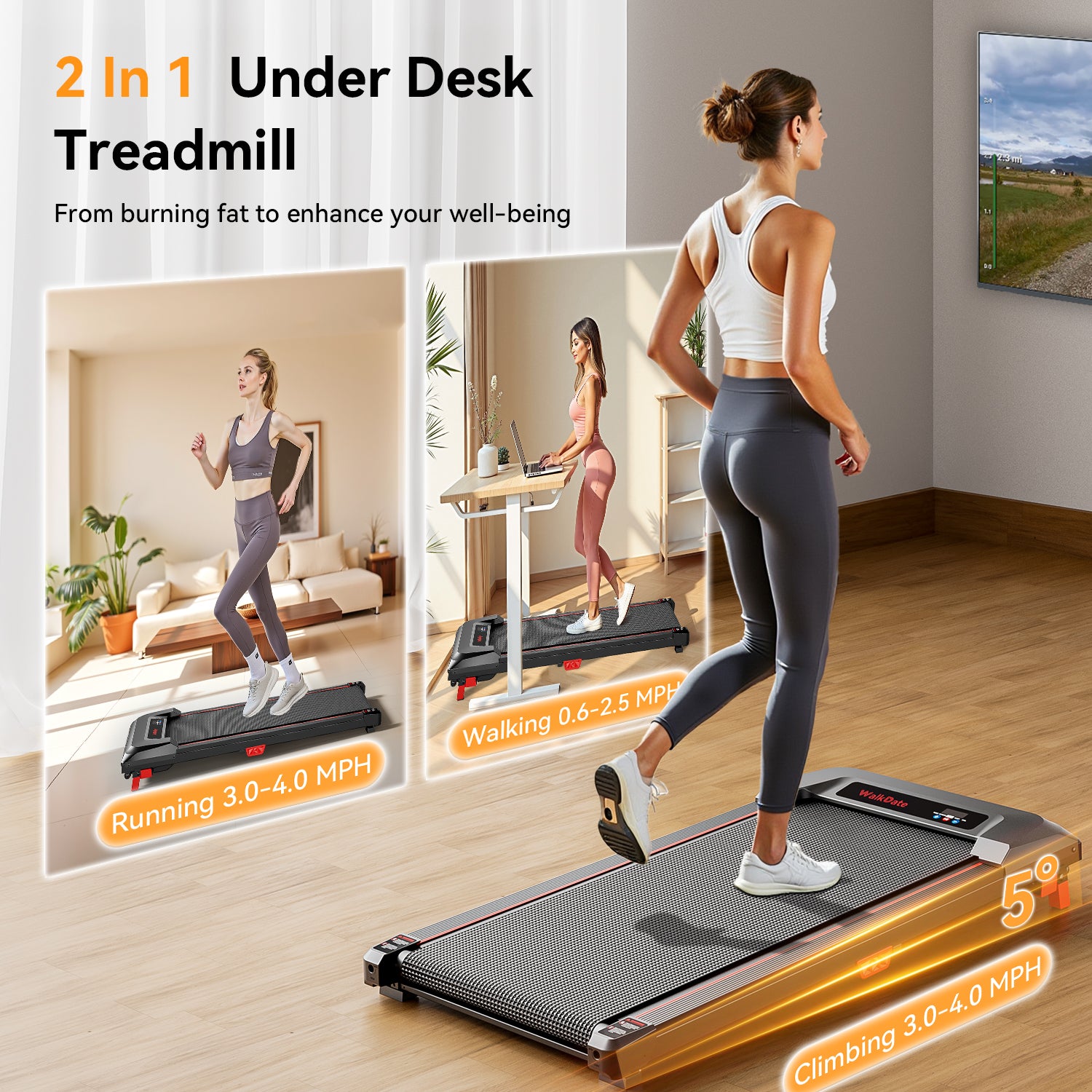 WalkWake Classic 5% Incline Under Desk Walking Pad, 330 Lbs