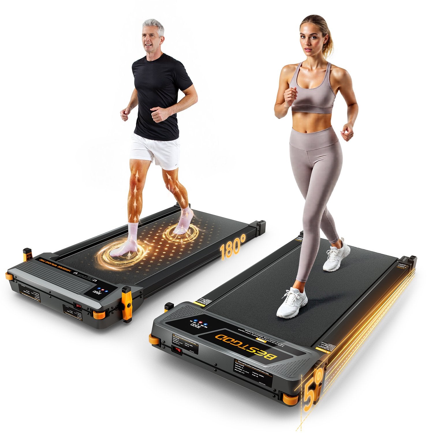 A model using the BestGod D1 dual-sided walking pad treadmill, showcasing its sleek design and versatile functionality for home or office fitness.
