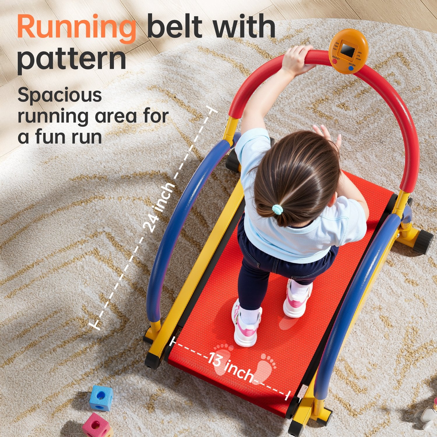 The BestGod kids treadmill featuring a spacious running area and a patterned belt for enhanced grip and comfort.