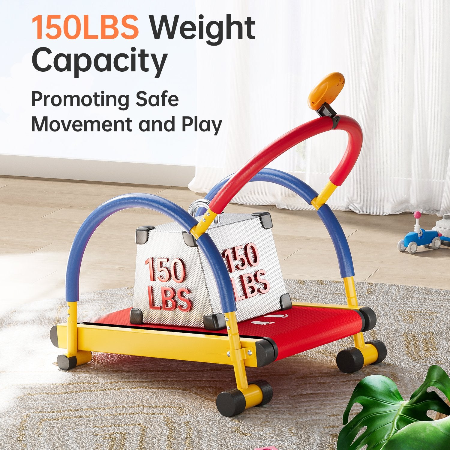 The BestGod kids treadmill with a robust weight capacity of 150lbs, ensuring safety and stability for various users.