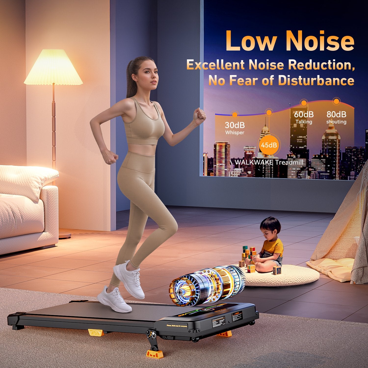 BestGod T1 Climb treadmill equipped with a 2.5HP motor operating under 45 dB, providing a low-noise environment perfect for home or office use.