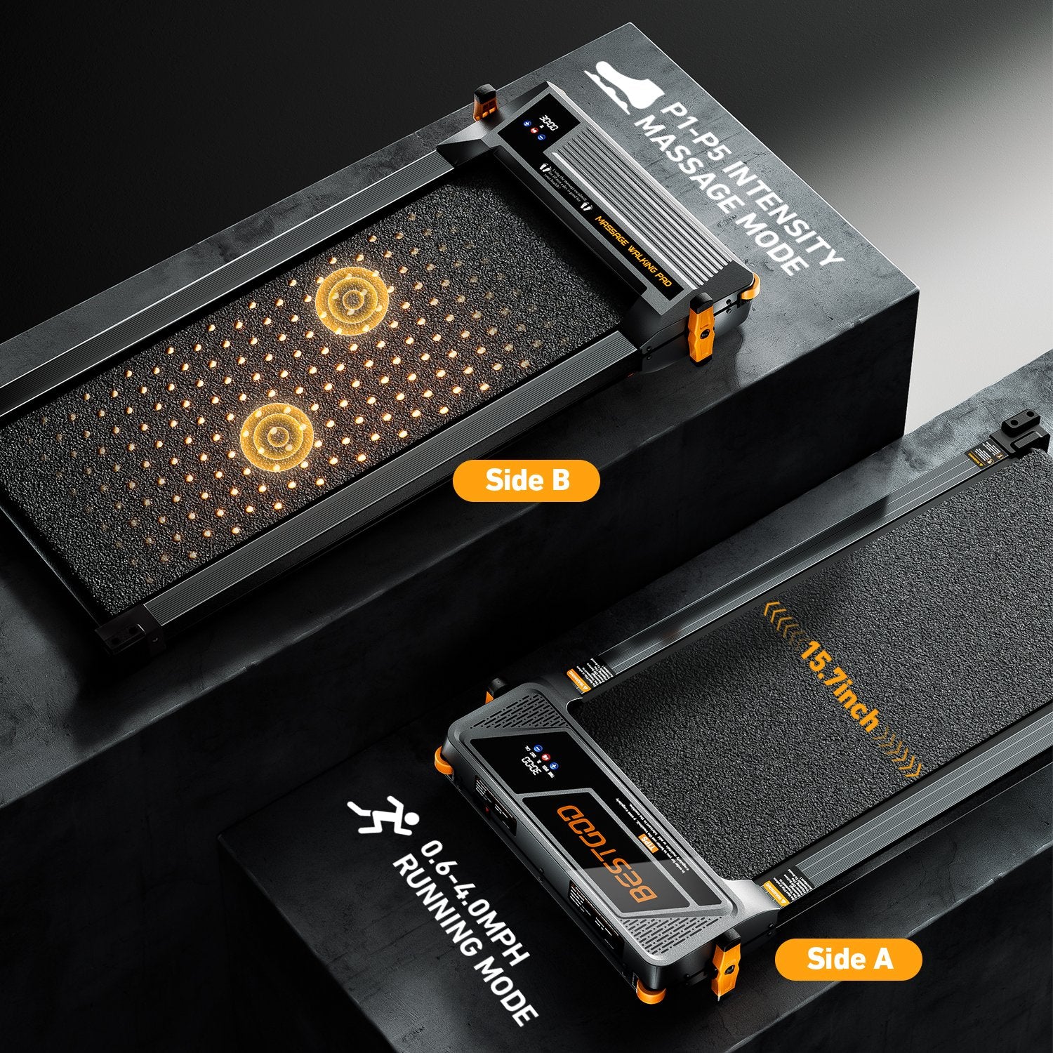 The BestGod D1 walking pad with a dual-sided design, featuring a 5% incline walking surface on one side and a textured massage surface on the other for versatile use.