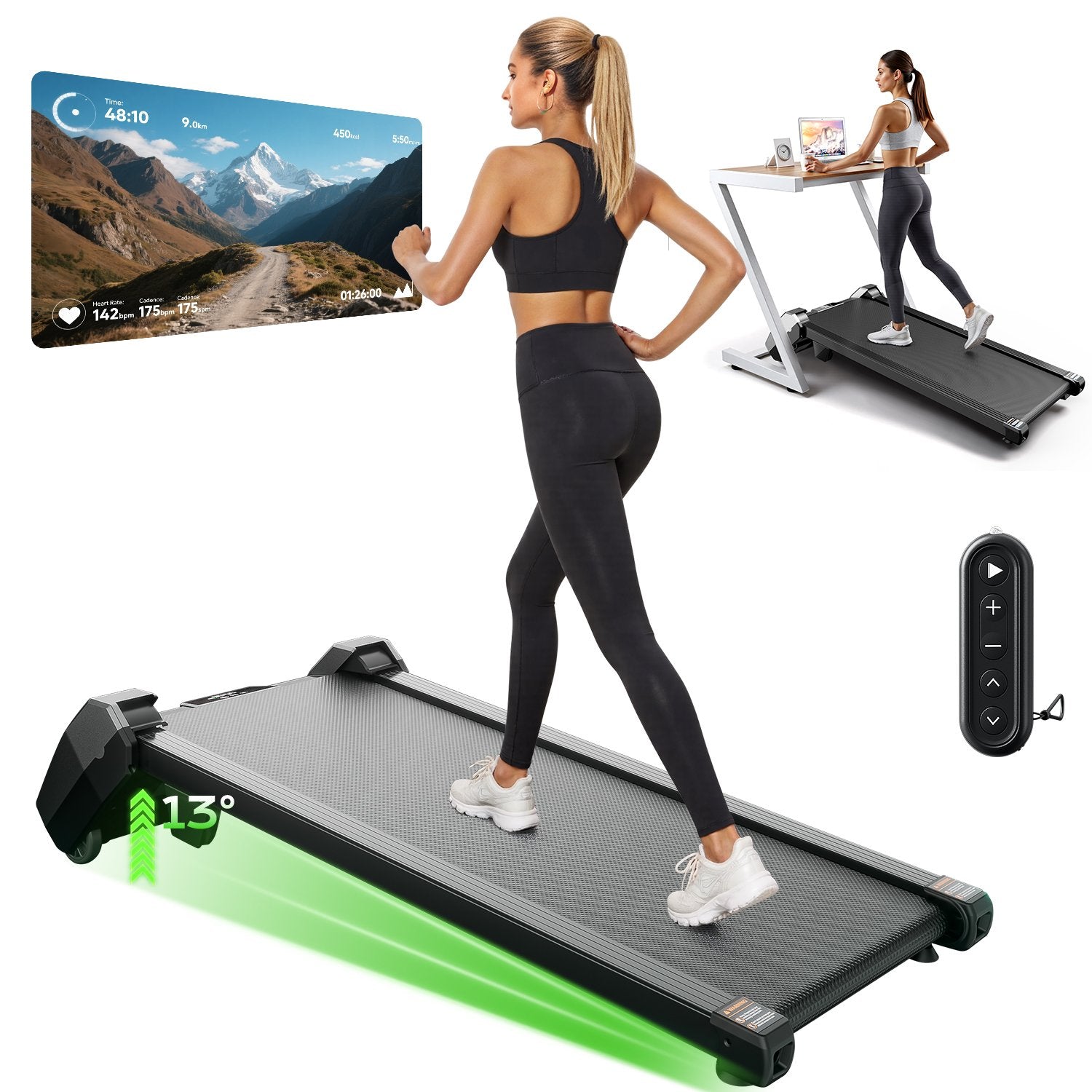 A model using the BestGod H6 treadmill on a white background, showcasing its sleek, minimalist design perfect for home or office use.