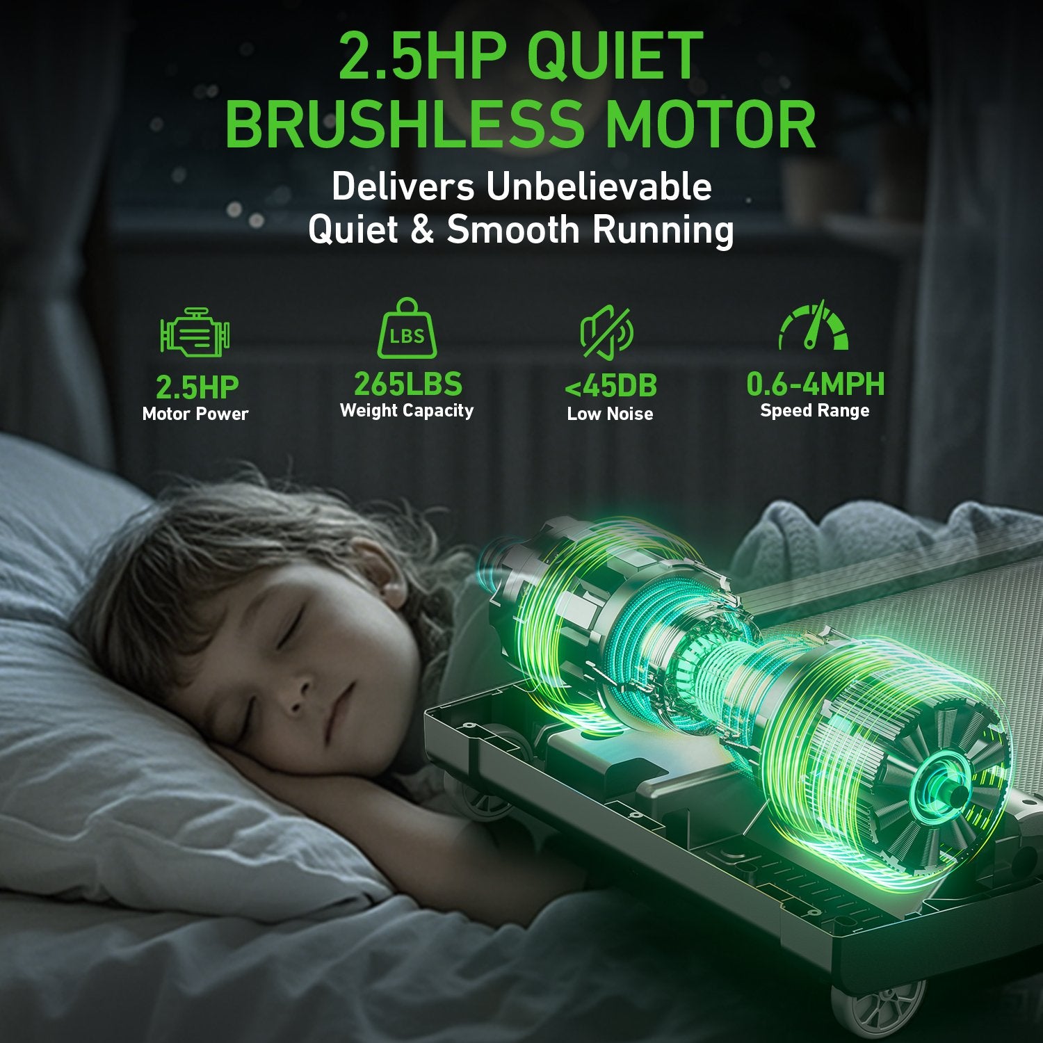 The BestGod H6 treadmill equipped with a 2.5HP brushless motor, offering powerful performance with noise levels under 45 dB.