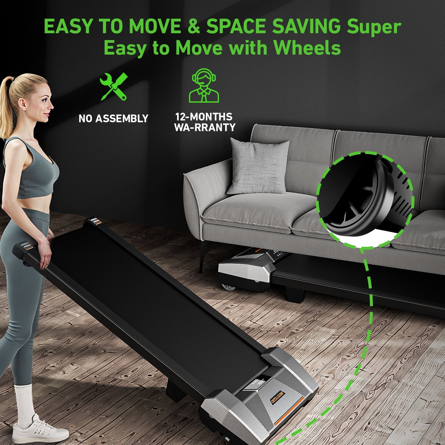 The BestGod H6 treadmill with a built-in wheels design, easy to move and store, ideal for compact spaces like apartments or offices.