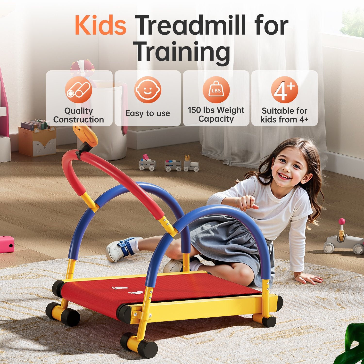 Comprehensive image of the BestGod kids treadmill emphasizing its quality construction, ease of use, and suitability for children aged 4 and up.