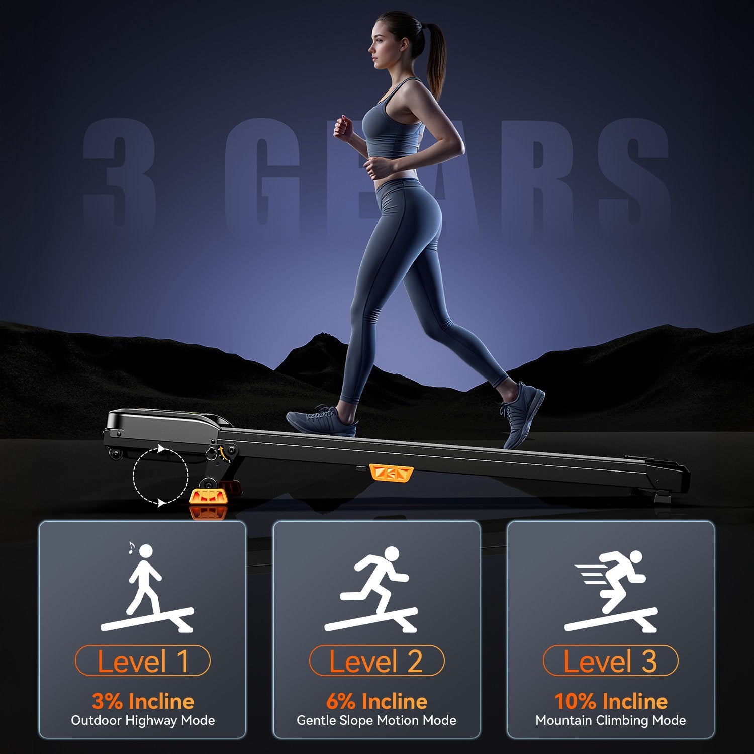 BestGod T1 Climb treadmill featuring 3 levels for walking, jogging, and incline modes, providing versatile options for every fitness routine.