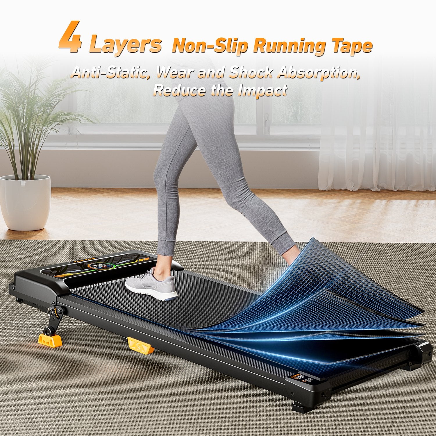 Close-up of the BestGod T1 Climb treadmill’s running belt, highlighting its 4-layer design with an anti-slip surface for secure and comfortable exercise.