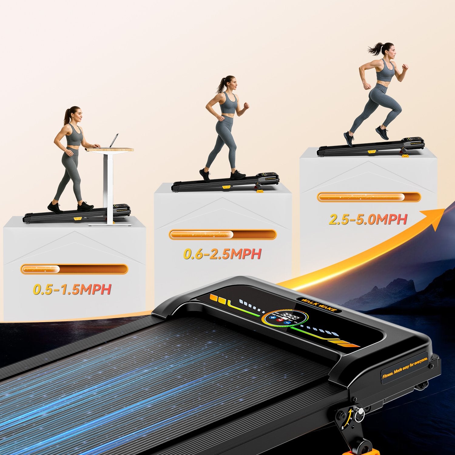 BestGod T1 Climb treadmill showcasing its 3-speed levels, enabling users to switch between walking, jogging, and running for customized workouts.