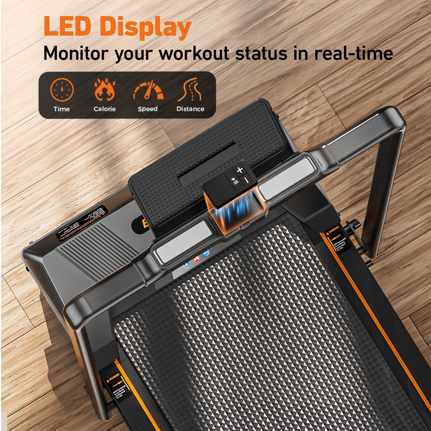 BestGod T1 Pro treadmill’s LED display showing time, speed, distance, and calories burned, helping users monitor their fitness progress in real-time.