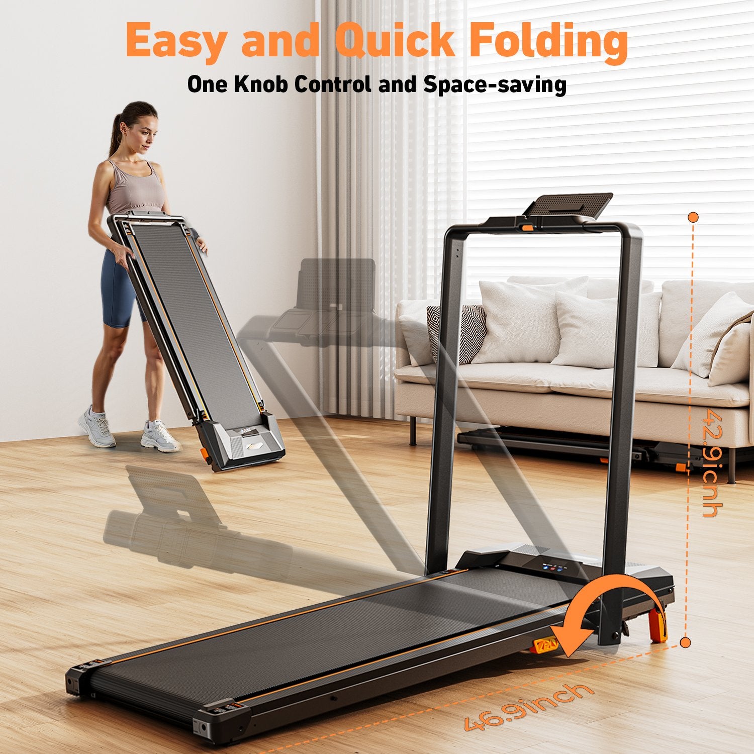 BestGod T1 Pro treadmill folded flat, showcasing its compact design for easy storage under beds or desks.