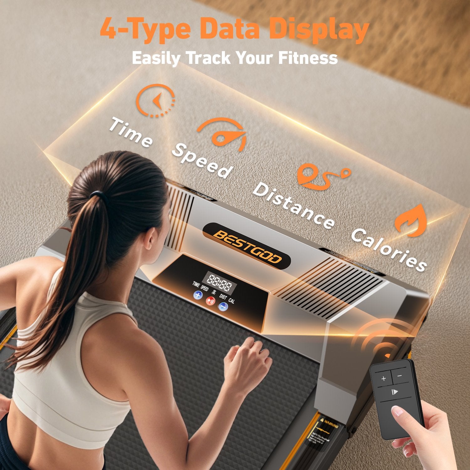 LED display on the BestGod T1 Classic walking pad showing 4 types of data: speed, time, distance, and calories burned, for efficient workout tracking.