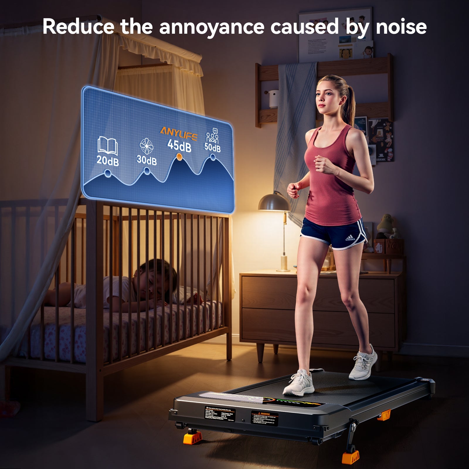 Anylife Walking Pad displayed in a modern home gym setup.