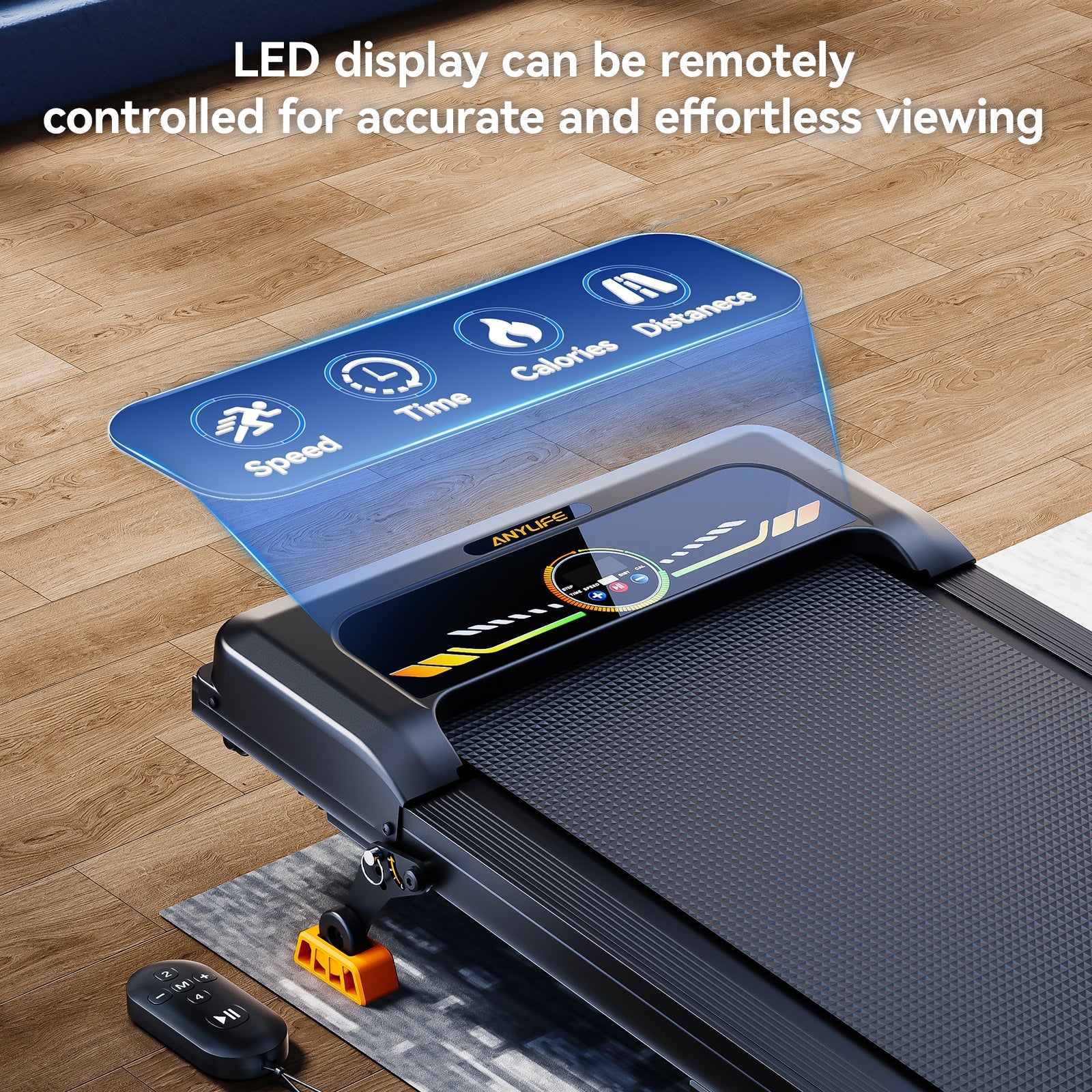 User adjusting settings on the remote control for the 10° incline walking pad.