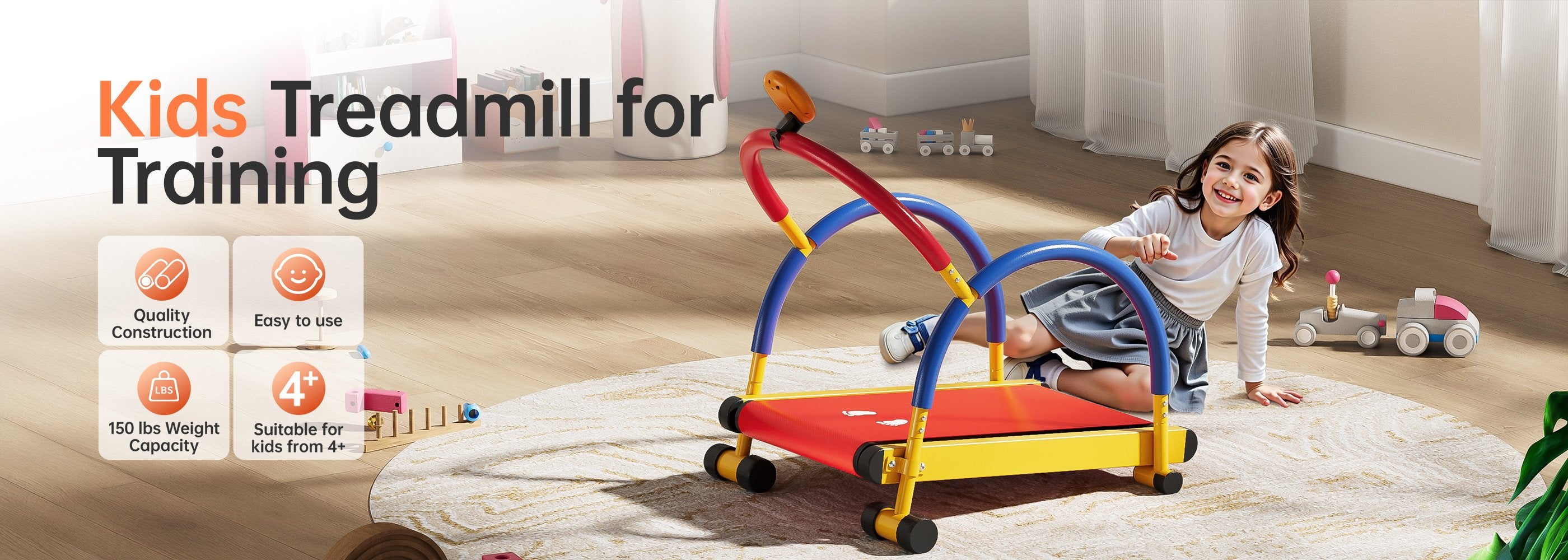 Horizontal view of the BestGod kids treadmill showcasing quality, ease of use, high weight capacity, and suitability for children aged 4 and up.