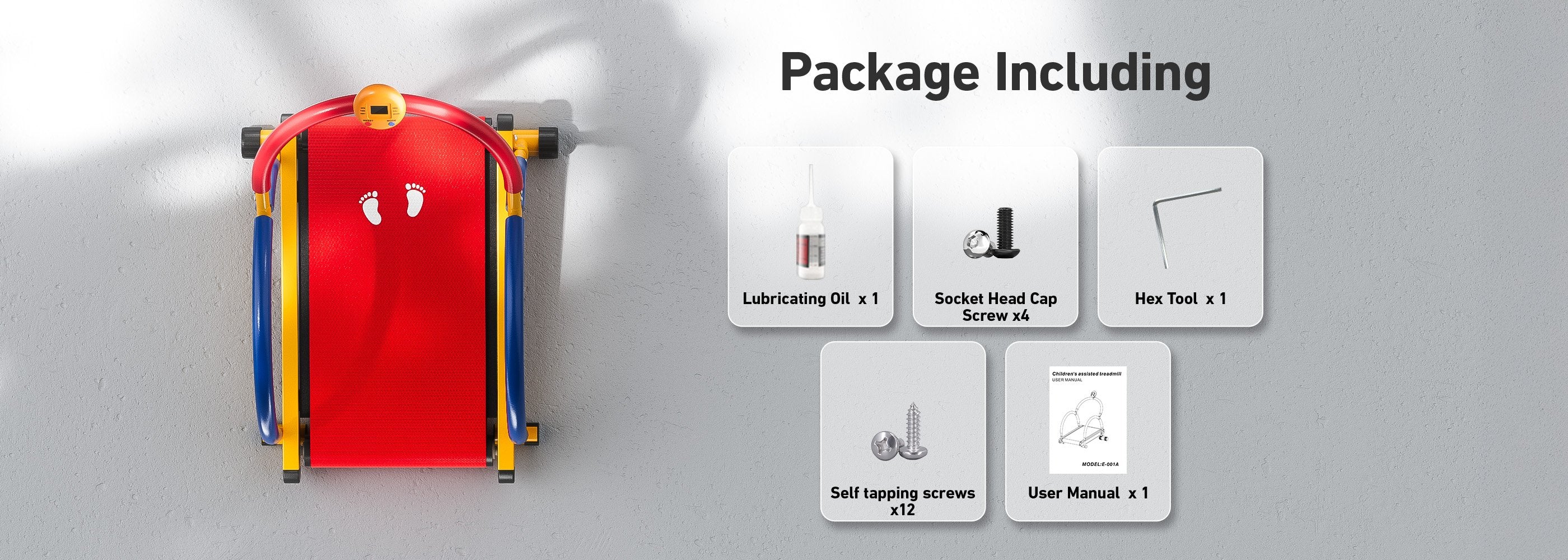 Horizontal view of the BestGod kids treadmill package contents, including the treadmill, accessories, and user manual for easy setup and use.