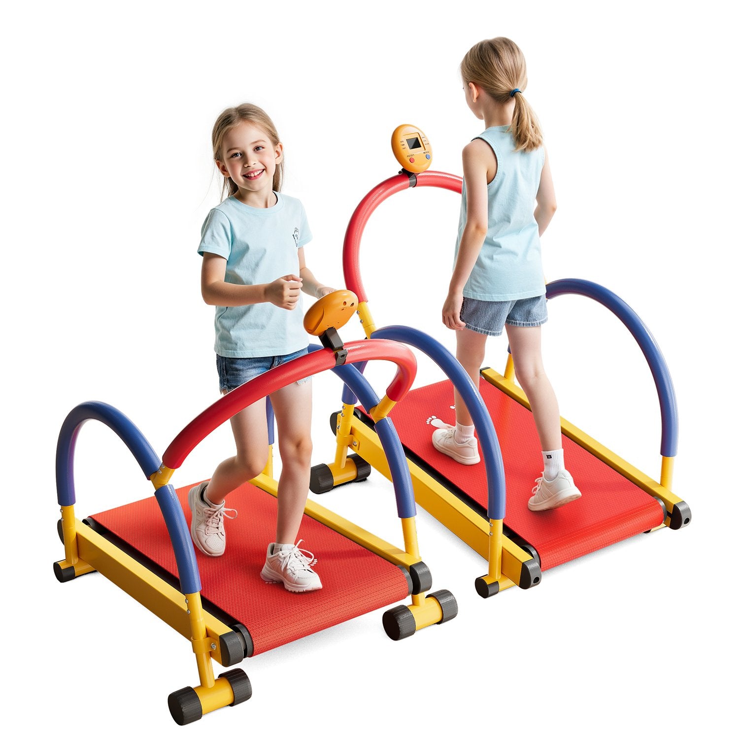 Models using the BestGod kids treadmill, showcasing its user-friendly features and interactive elements for young users