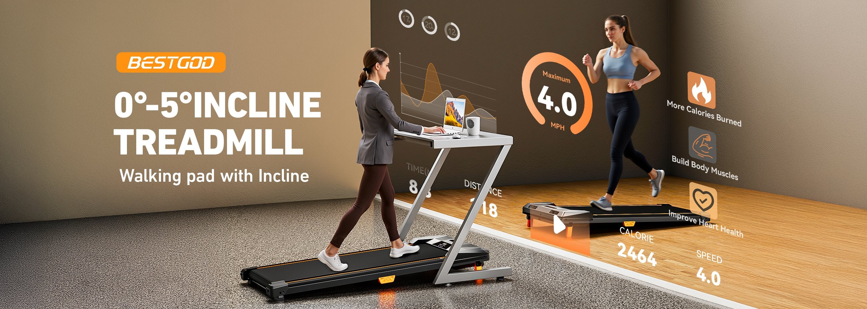 Overall view of the BestGod T1 Classic walking pad showcasing its sleek, compact design and 5% incline, ideal for home and office fitness.