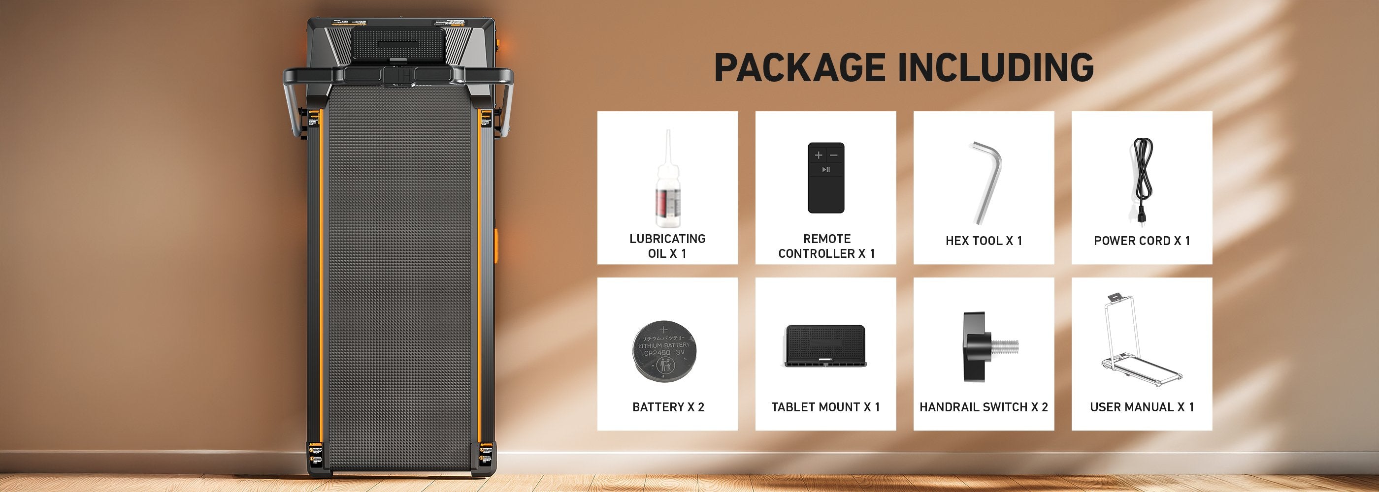 Horizontal view of BestGod T1 Pro treadmill package contents, including treadmill, power cord, remote control, and user manual.