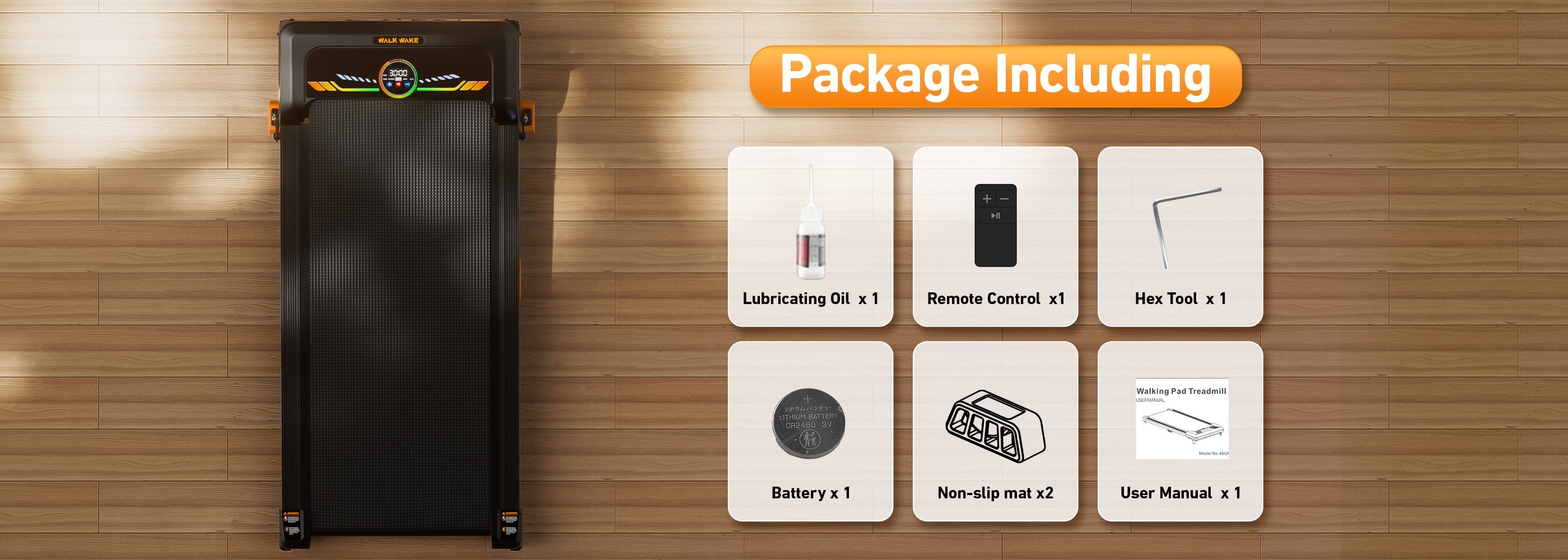 Horizontal image showing the BestGod T1 Climb treadmill package contents, including treadmill, remote control, and user manual for a complete setup.