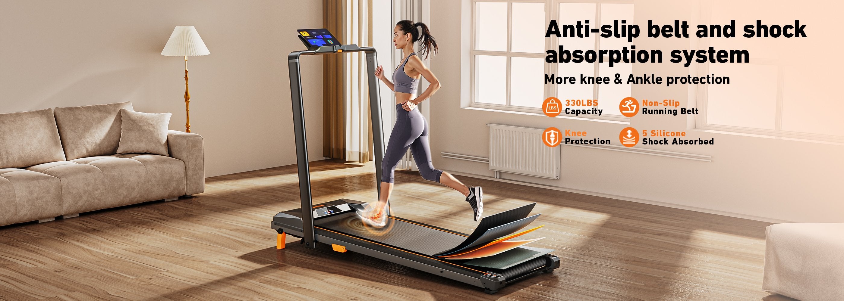 Horizontal view of the BestGod T1 Pro treadmill’s running belt, emphasizing its anti-slip surface for secure and comfortable workouts.