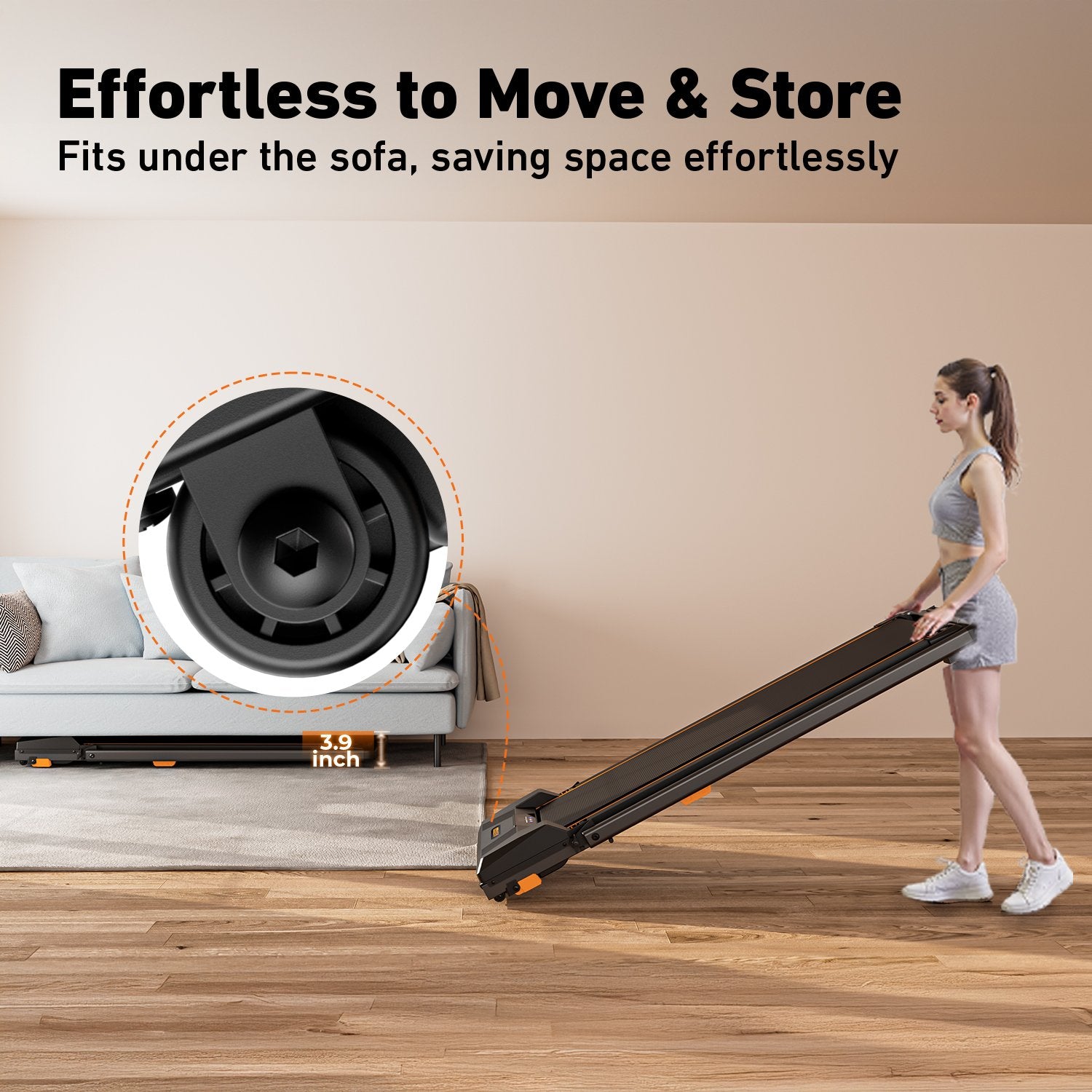 BestGod T1 Pro treadmill with built-in transport wheels, allowing users to easily move and store it in any space with minimal effort.