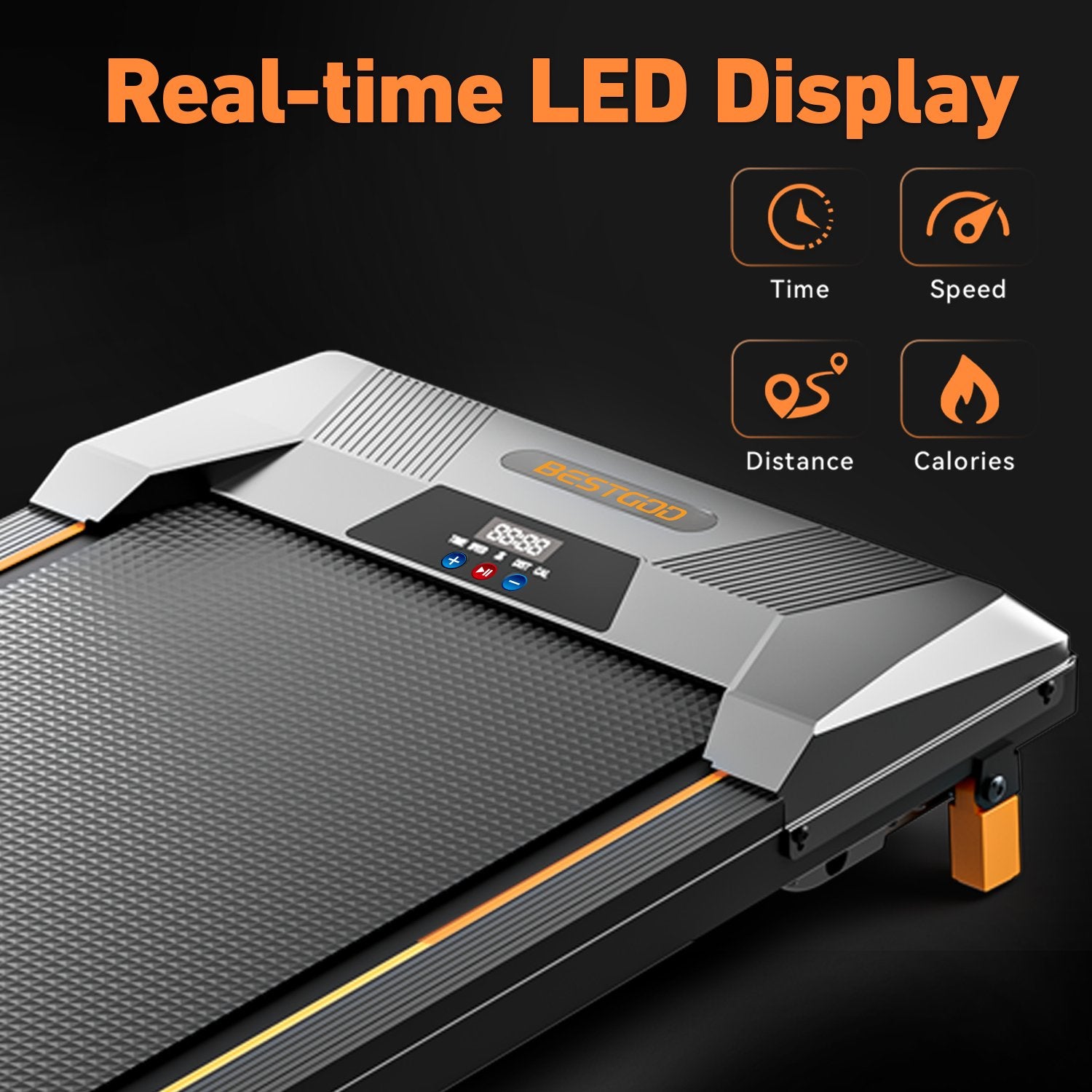 LED display showing speed, time, distance, and calories burned on the BestGod T1 Classic walking pad.