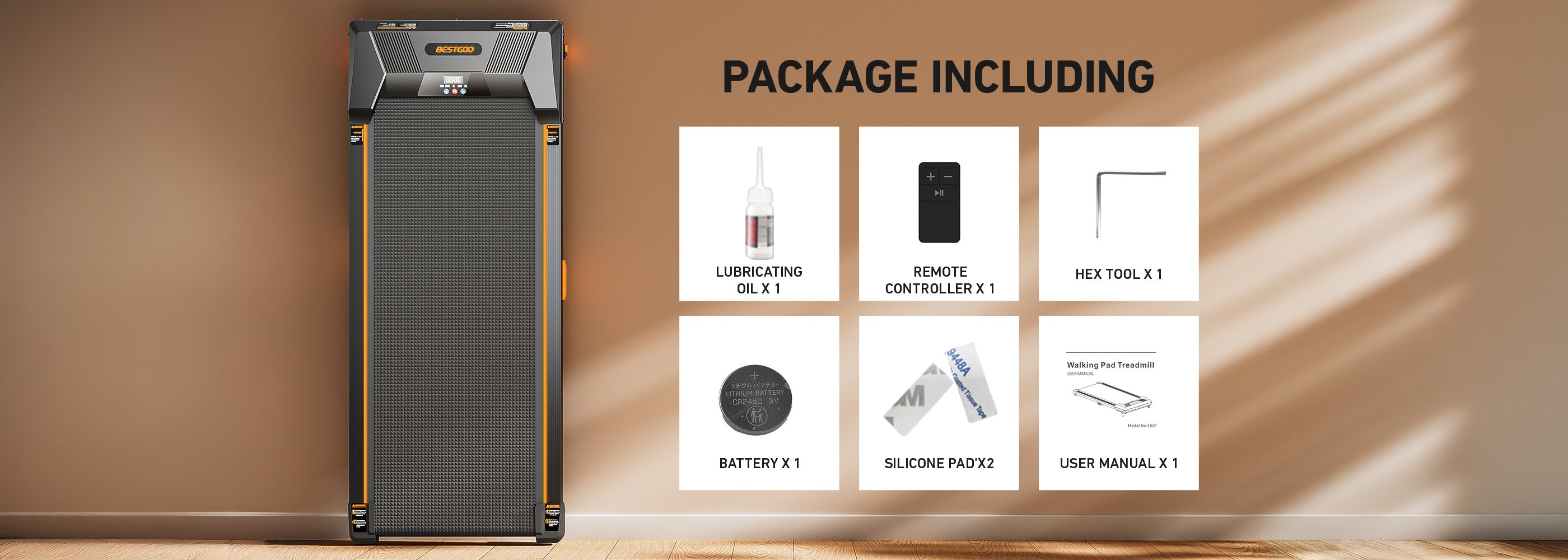 Complete package contents of the BestGod T1 Classic walking pad, including the walking pad, remote control, and user manual neatly displayed.