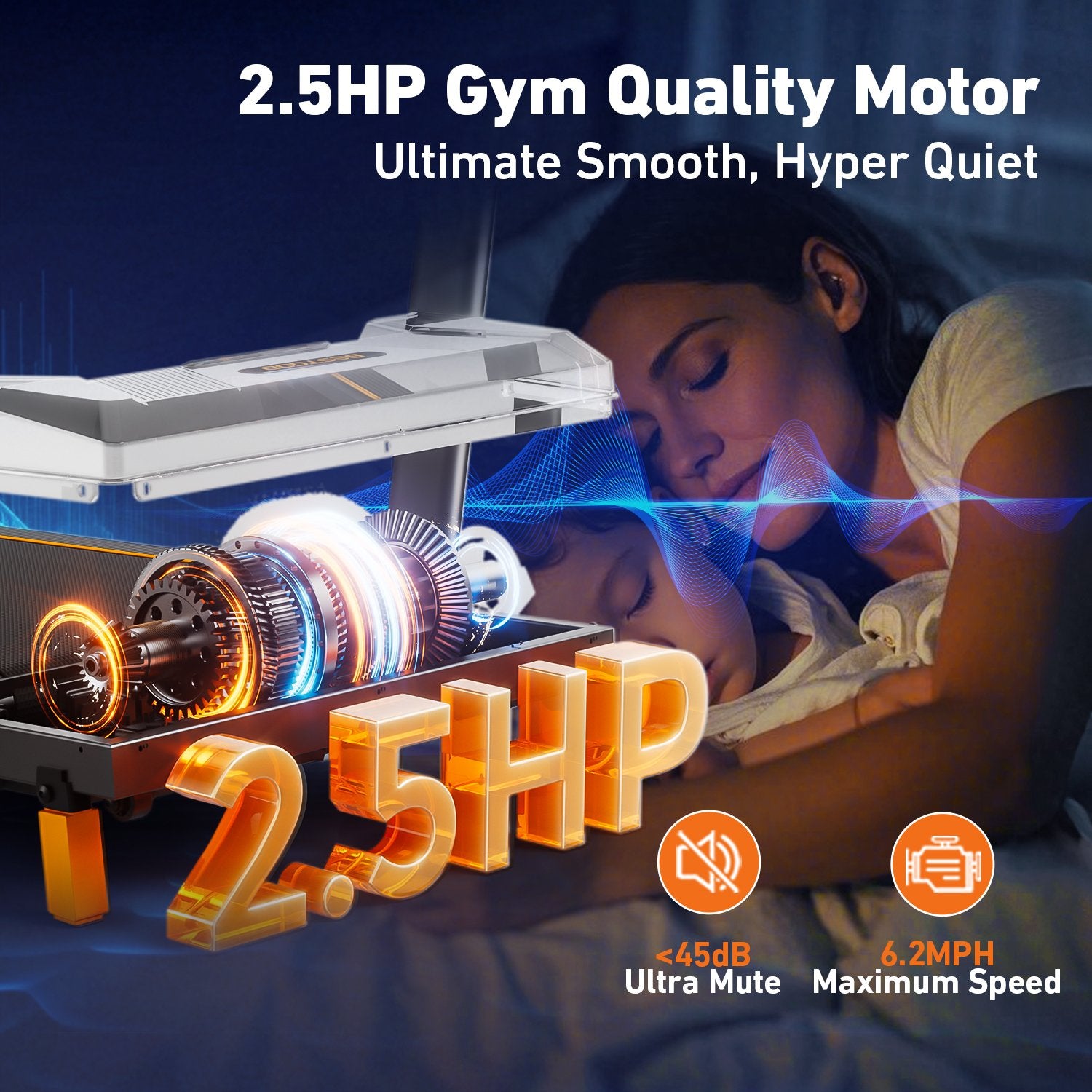 BestGod T1 Pro treadmill featuring a low-noise motor, ensuring quiet operation for undisturbed workouts at home or in the office.