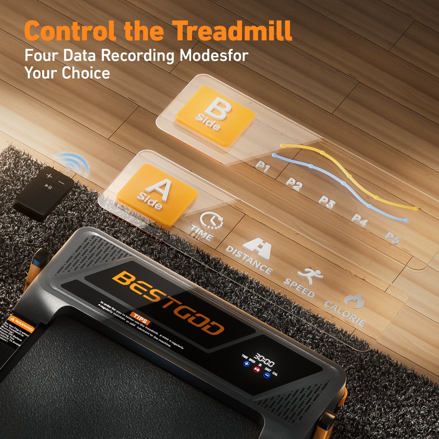 Close-up of the BestGod D1 walking pad’s LED display and remote control, allowing users to track speed, time, distance, and calories burned with ease.