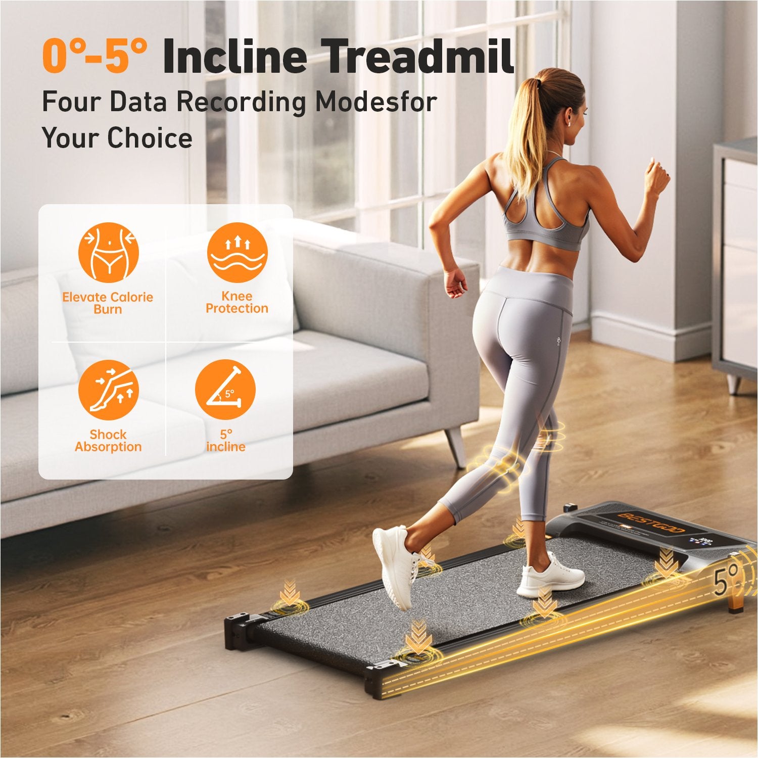 The BestGod D1 walking pad featuring a 5% incline and four data recording modes—track your progress with time, speed, distance, and calories burned.