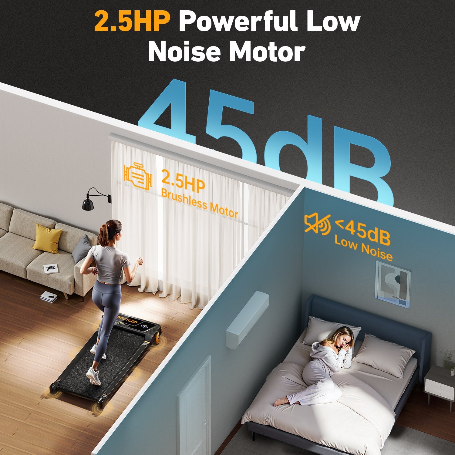 The BestGod D1 walking pad’s brushless motor operates under 45 dB, offering a quiet and smooth workout experience suitable for any environment.