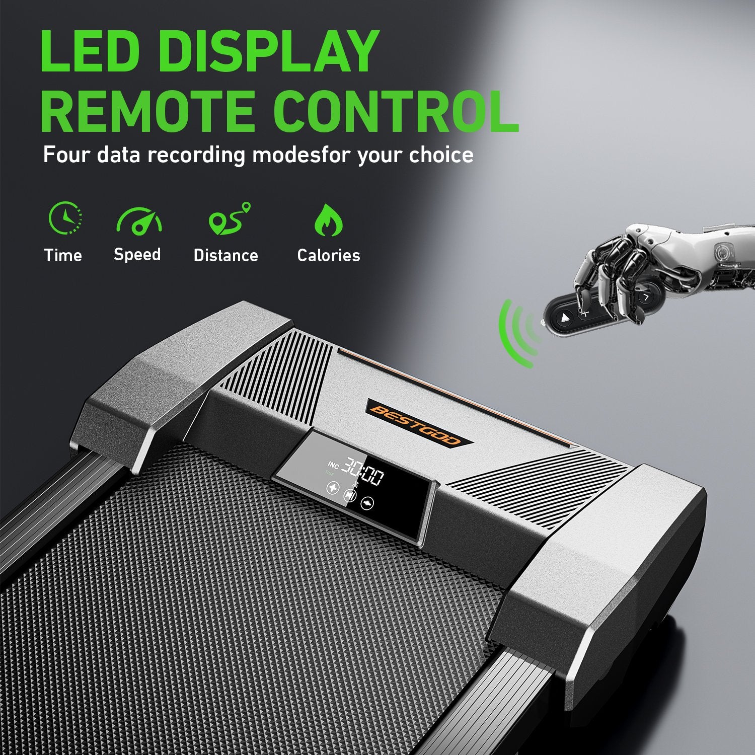 Close-up of the LED display and remote control on the BestGod H6 treadmill, providing easy access to speed, incline, and workout settings.