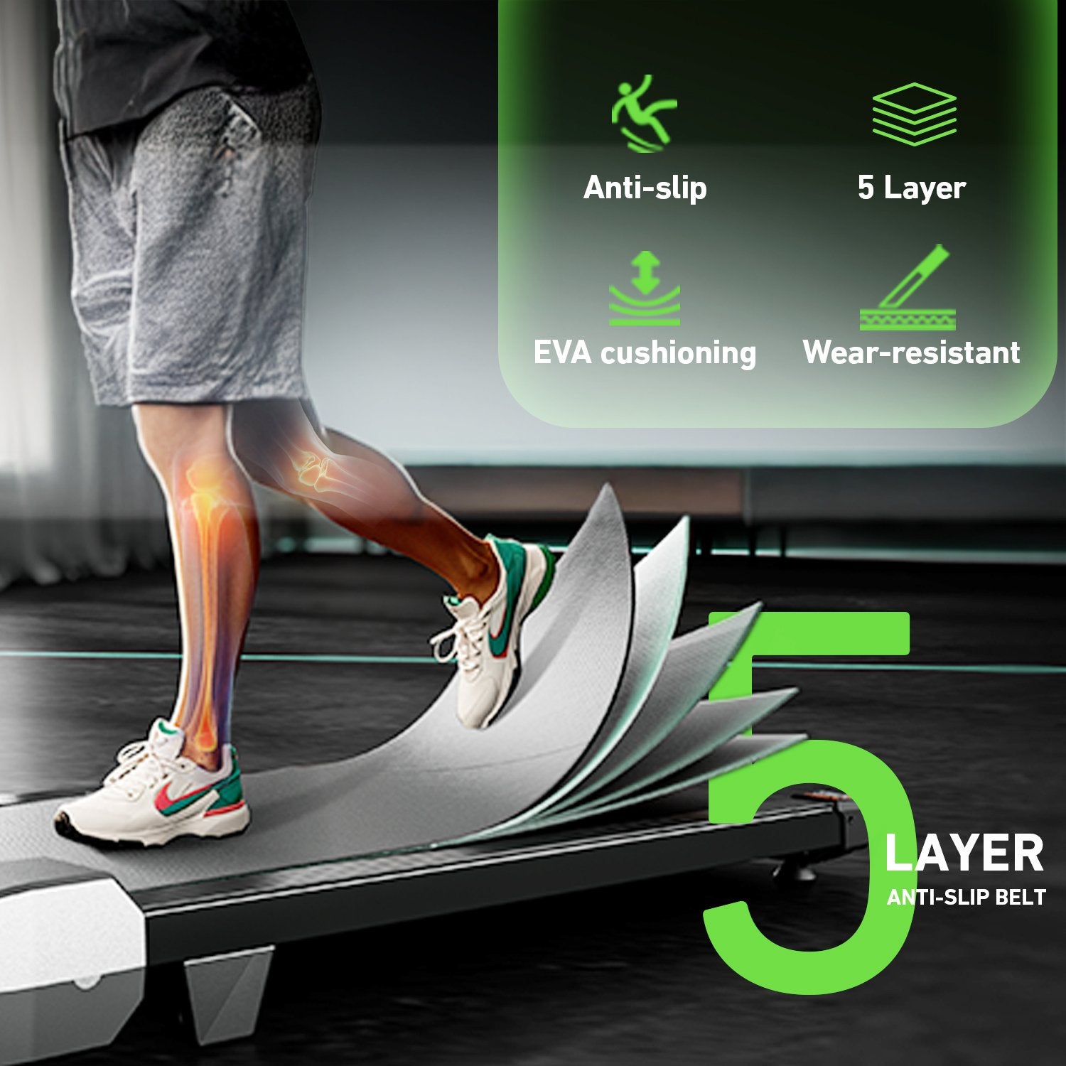 The 5-layer anti-slip running belt of the BestGod H6 treadmill with EVA cushioning for shock absorption, durability, and joint protection.