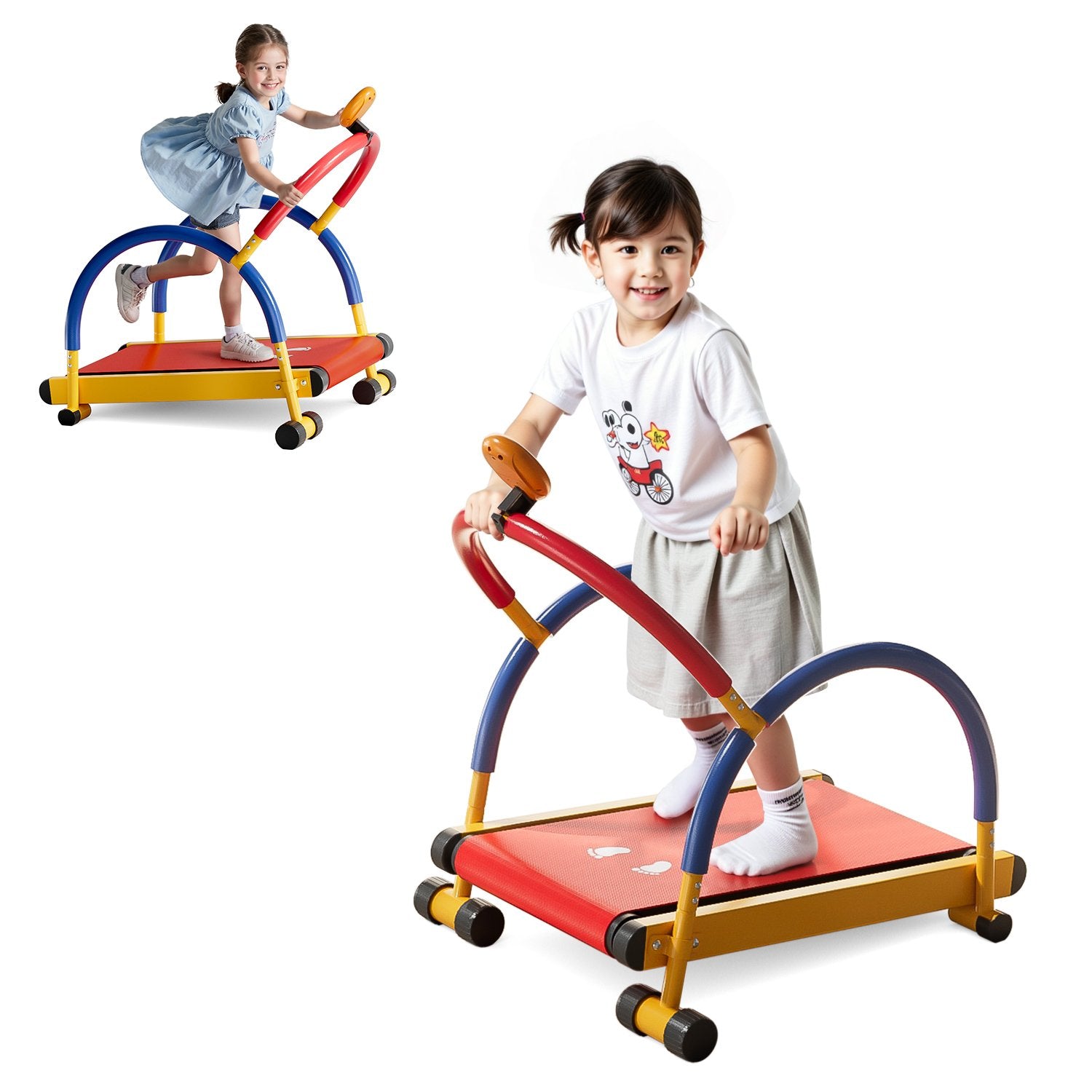 Models demonstrating the BestGod kids treadmill on a white background, highlighting its safe and engaging design for children.