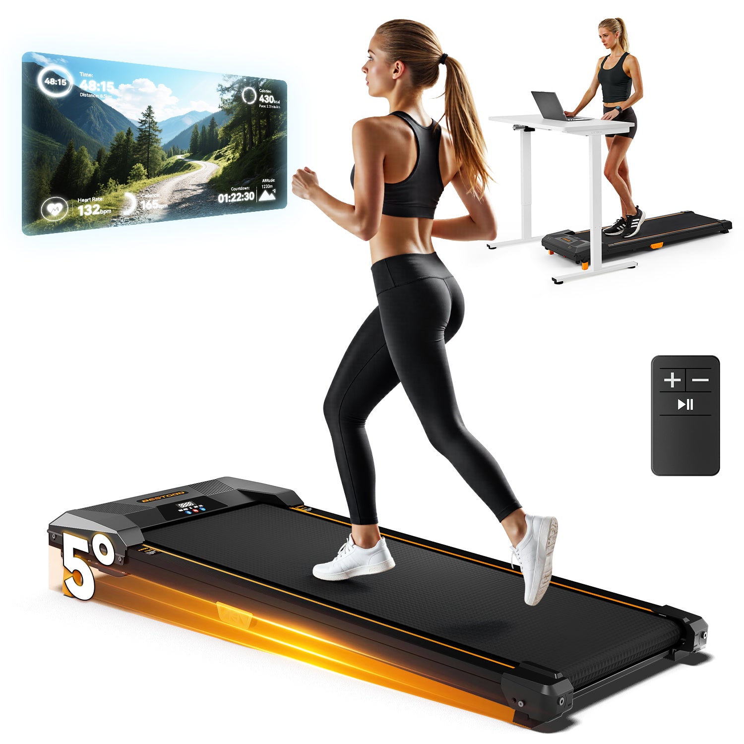 A model walking on the BestGod T1 Classic under desk walking pad, showcasing its 5% incline and ergonomic design for home and office fitness.