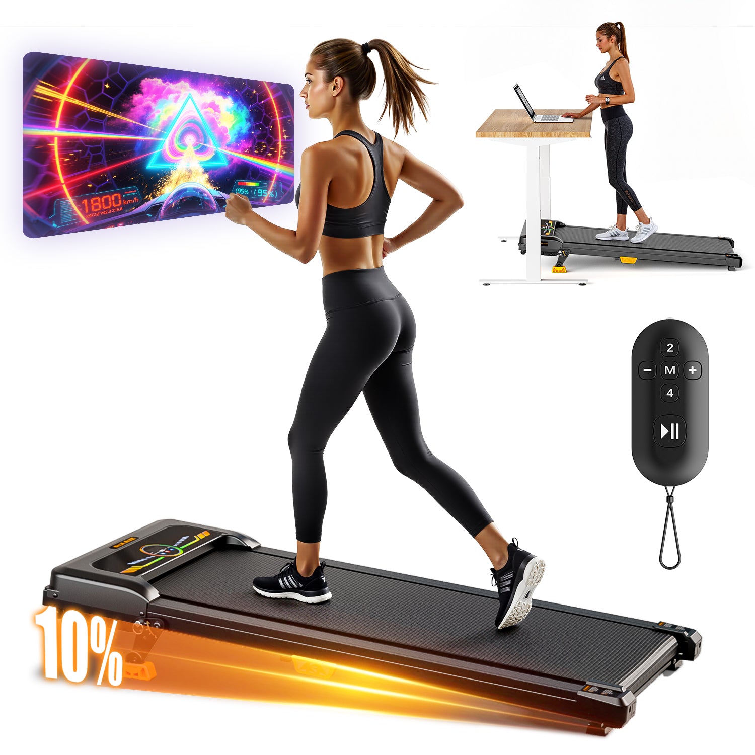 Model walking on the BestGod T1 Climb treadmill, demonstrating its compact and user-friendly design, perfect for home or office use.