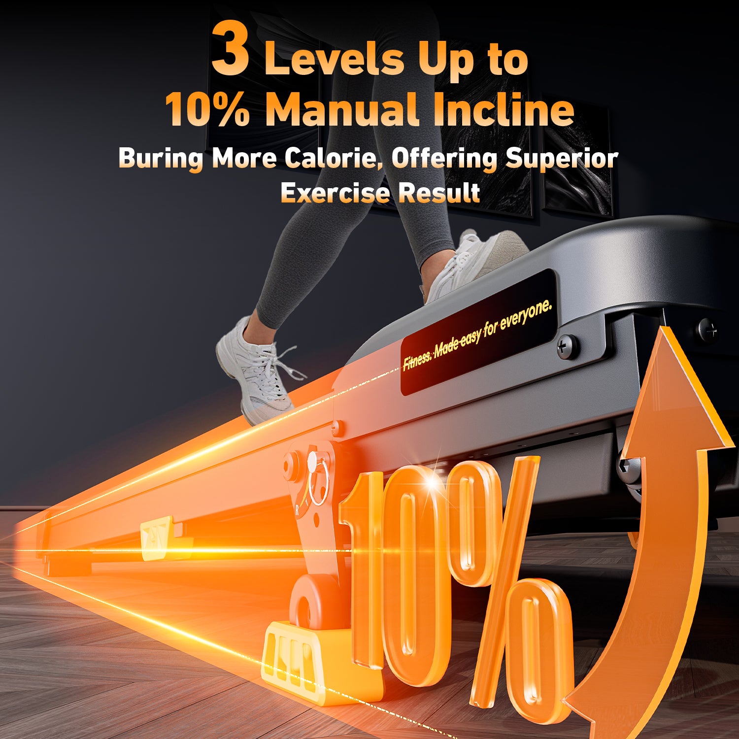 BestGod T1 Climb treadmill showcasing its 3-level manual incline, allowing users to simulate uphill walking with a 10% slope for enhanced calorie burn.