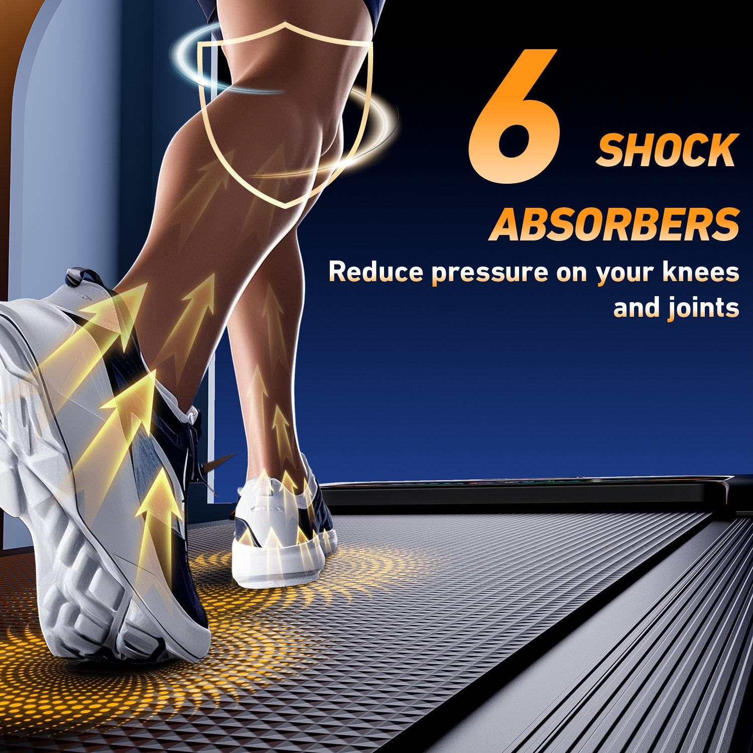 BestGod T1 Climb treadmill’s 4-layer anti-slip running belt with 6 shock absorbers, designed to reduce impact on knees and joints for a smooth and stable experience.