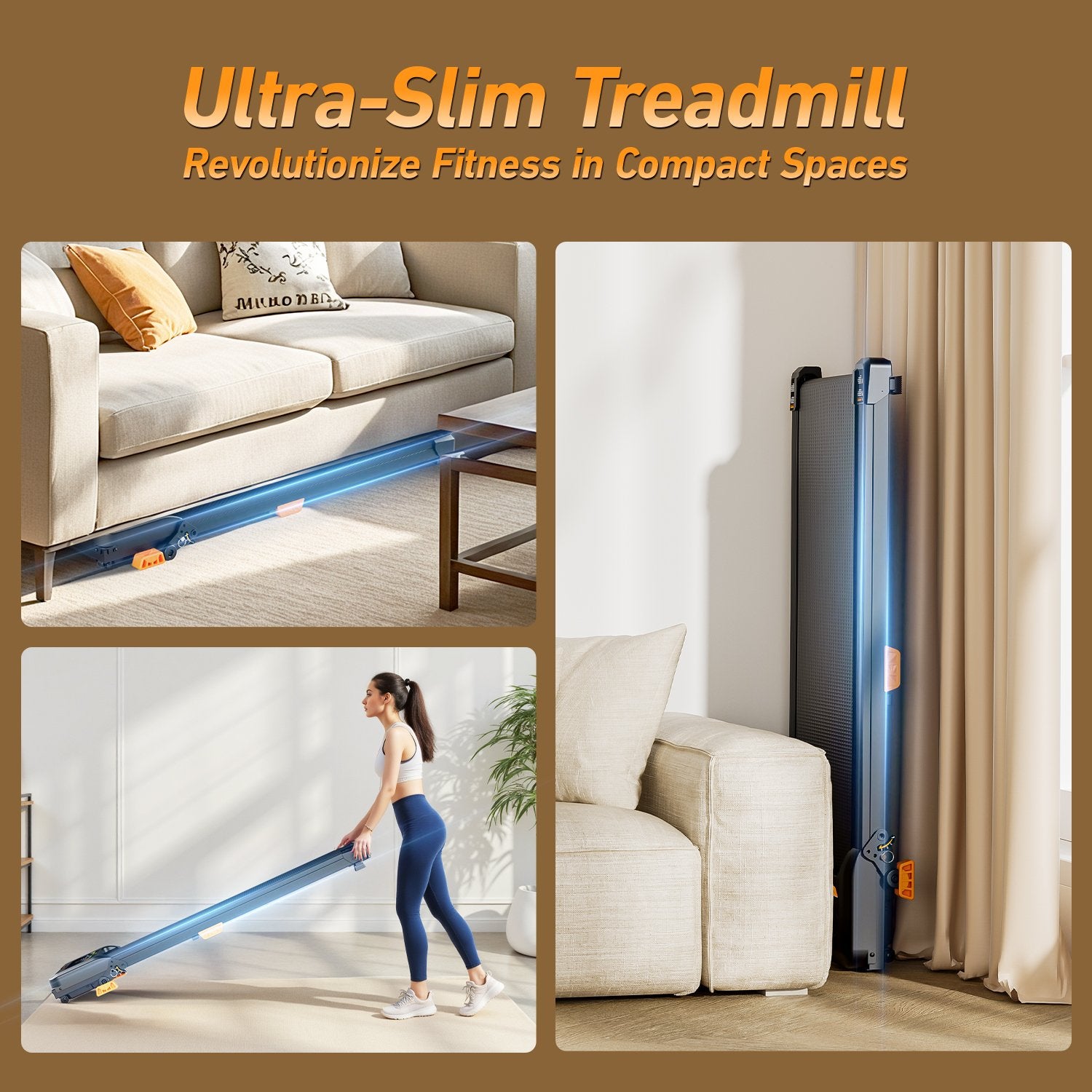 BestGod T1 Climb treadmill with an ultra-slim 3.85-inch thick frame, ideal for small spaces like under desks or beds.