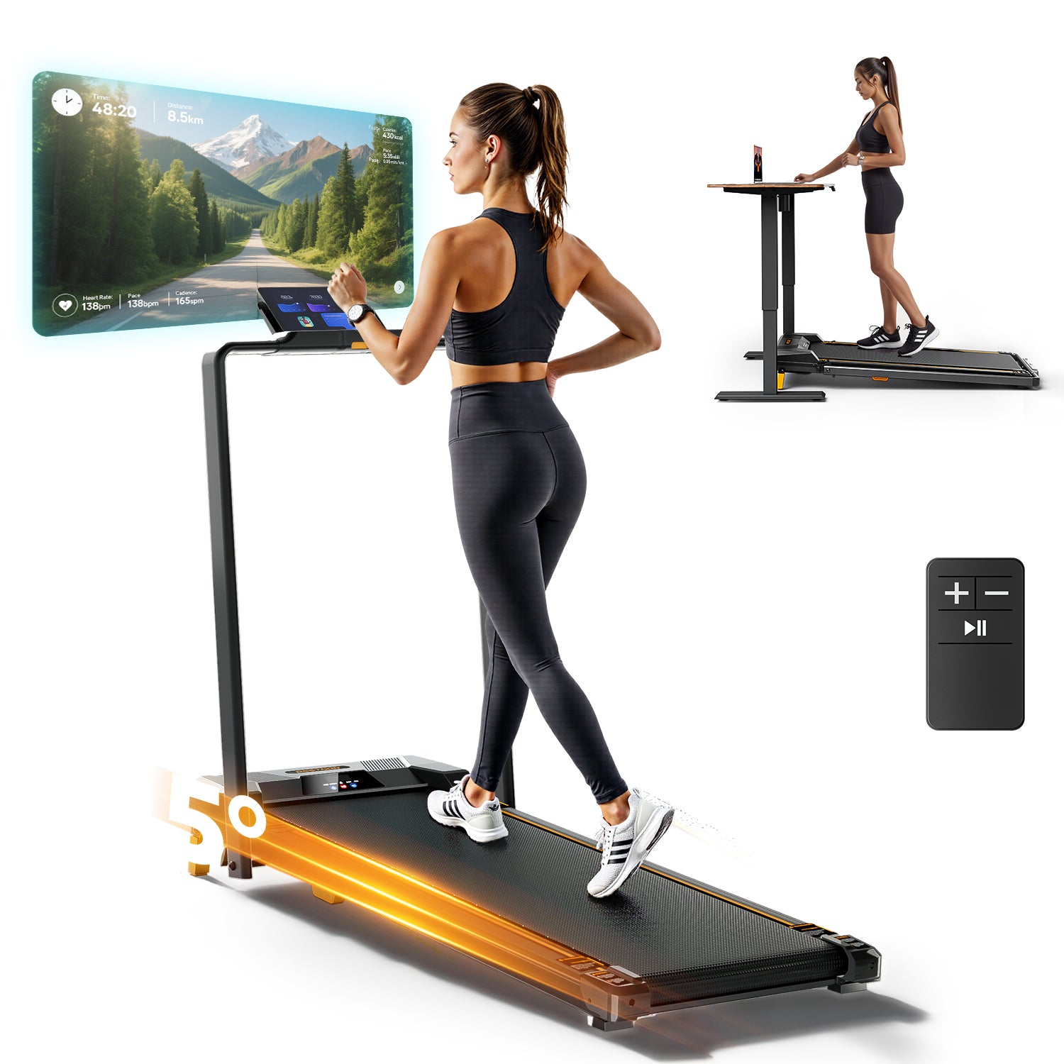 A model walking on the BestGod T1 Pro folding treadmill with a built-in handrail, demonstrating its ergonomic design for safe and effective workouts.