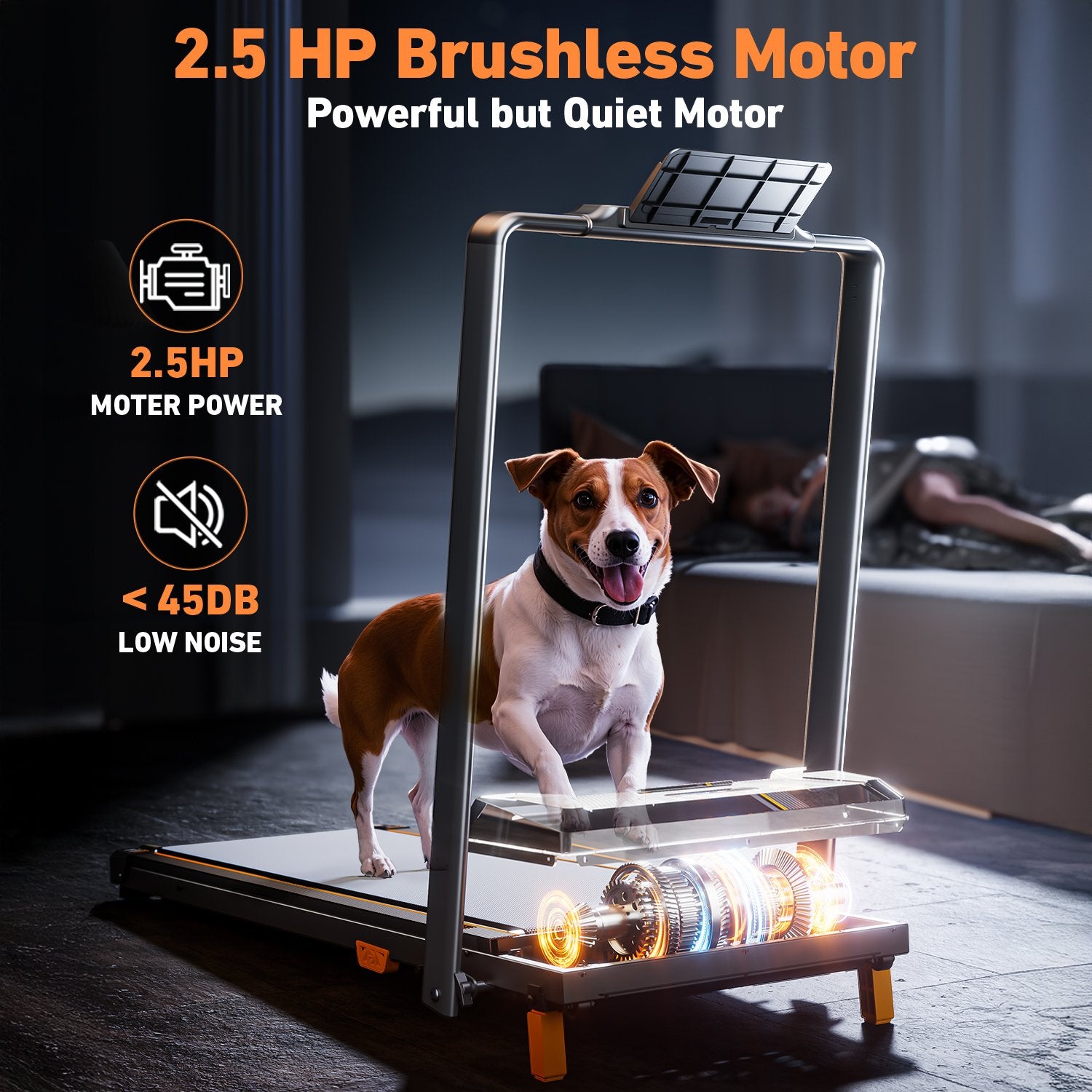 BestGod T1 Pro treadmill equipped with a quiet 2.5HP brushless motor, operating below 45 dB for noise-free use at home or in the office.