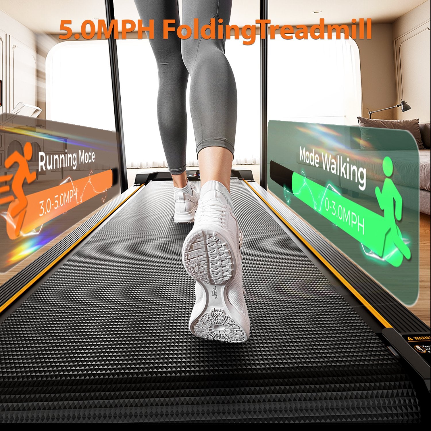 BestGod T1 Pro treadmill in 2 modes: walking mode with handrail and jogging mode without handrail, offering versatile fitness options for users.